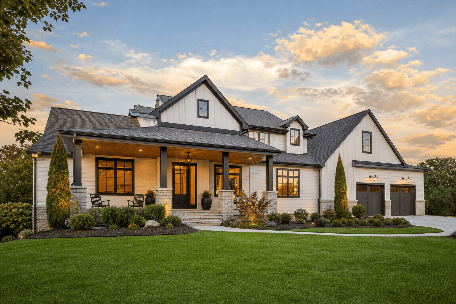 Luxury modern farmhouse custom home with covered front porch and three-car garage