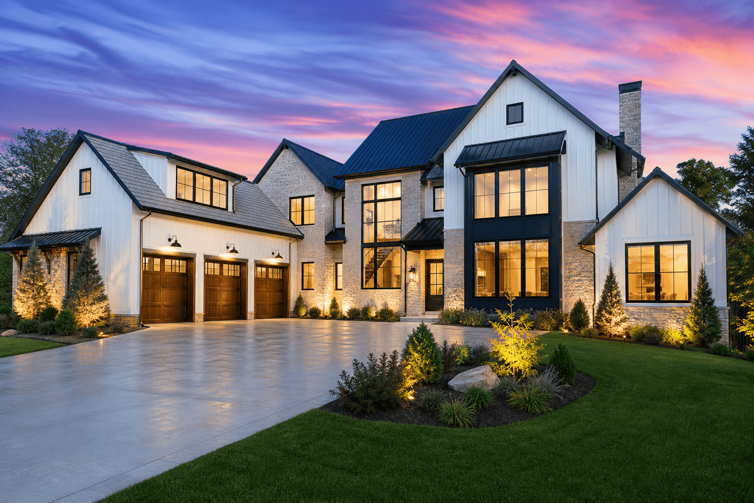 Luxury modern farmhouse custom home built in Center Grove, Indiana at dusk